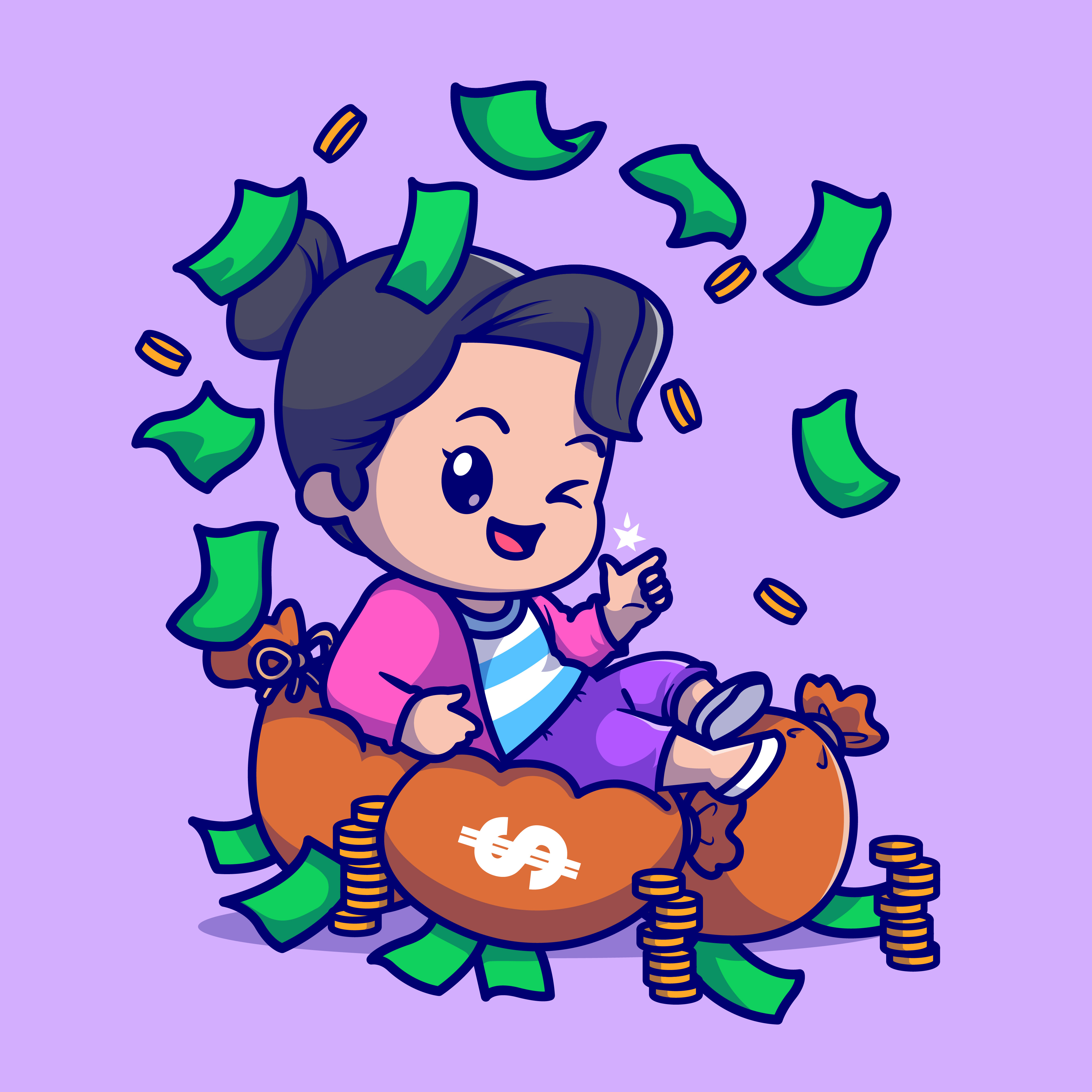 Cute Rich Girl With Money Cartoon Vector Icon Illustration. People Finance Icon Concept Isolated Premium Vector. Flat Cartoon Style